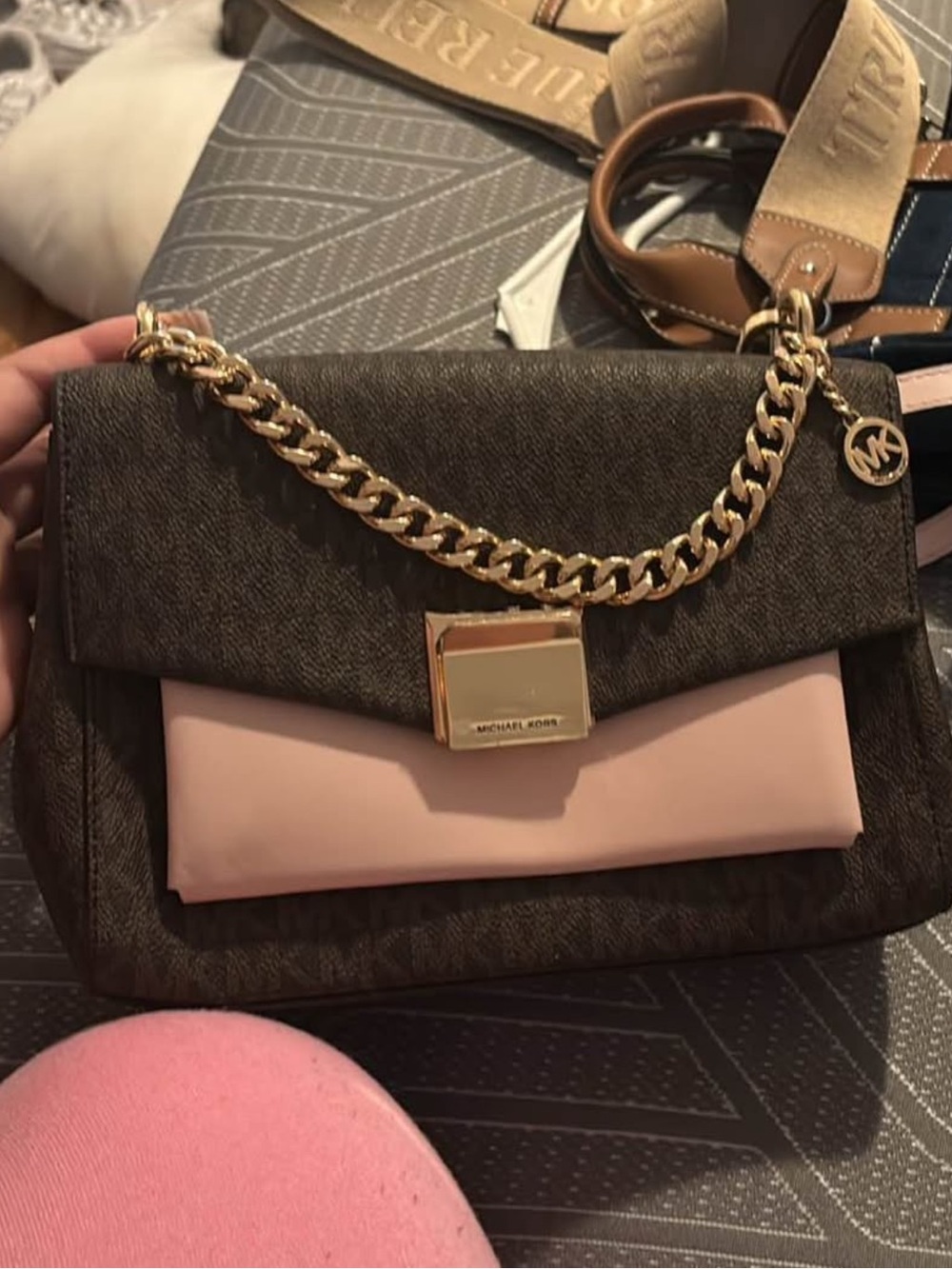 Michael Kors Brown Monogram Crossbody with Pink Front Flap and Gold Chain